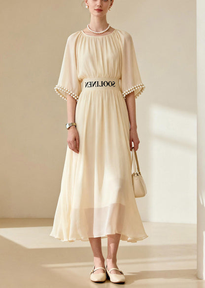 DIY Beige O-Neck Nail Bead Tunic Chiffon Maxi Dress Flare Sleeve