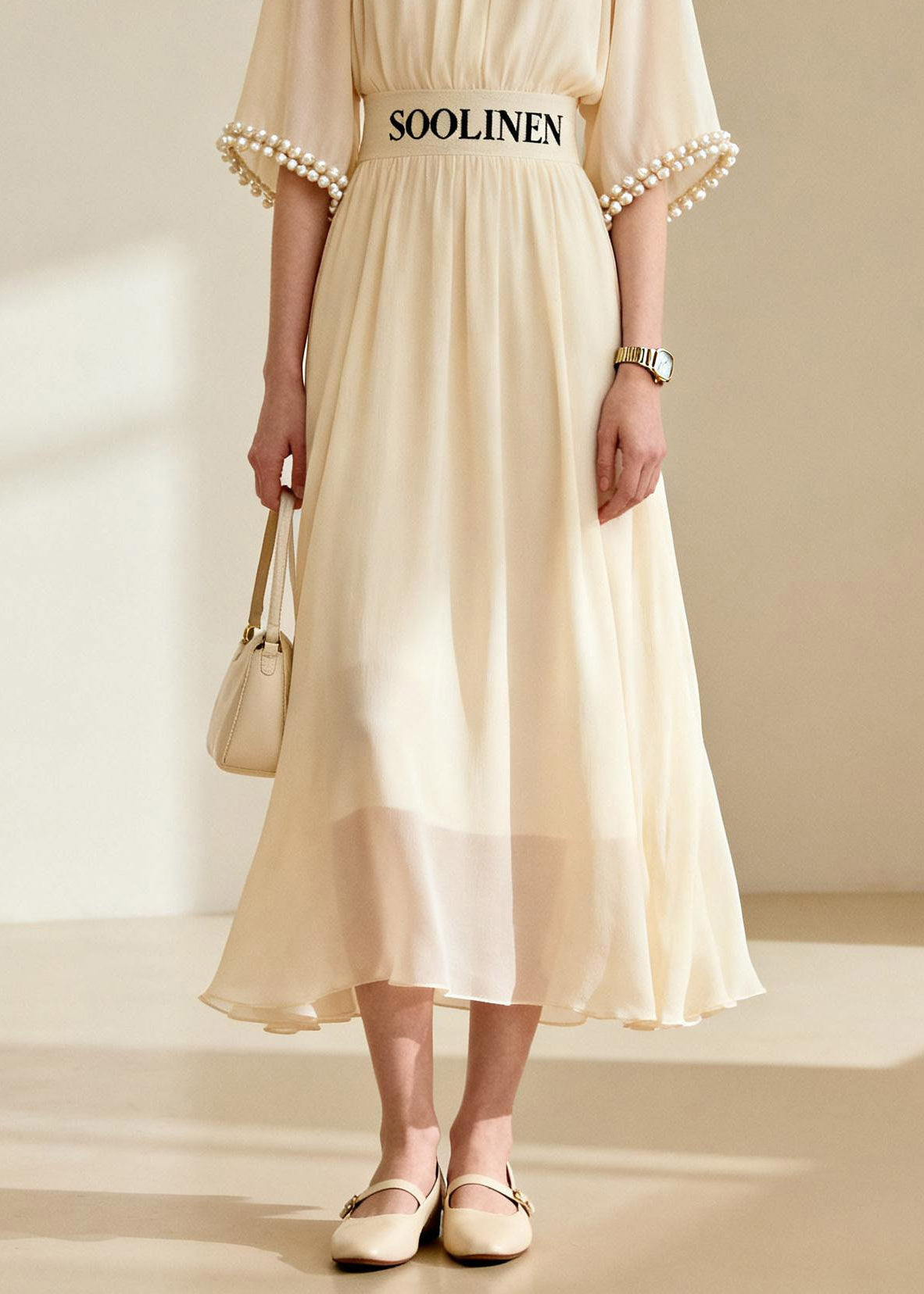 DIY Beige O-Neck Nail Bead Tunic Chiffon Maxi Dress Flare Sleeve