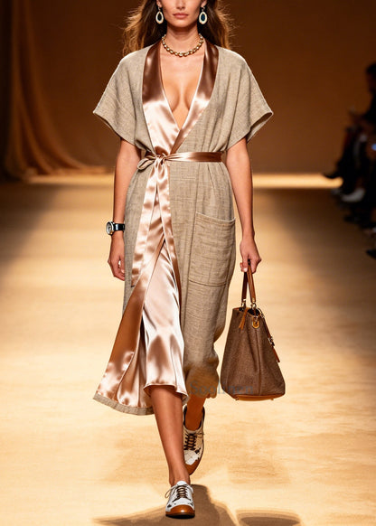DIY Beige Tie Waist Patchwork Linen Dresses Summer