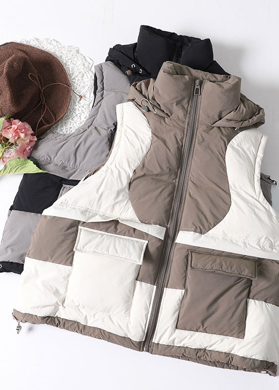 DIY Beige ärmellose Patchwork-Weste mit Reißverschluss und Entendaunen
