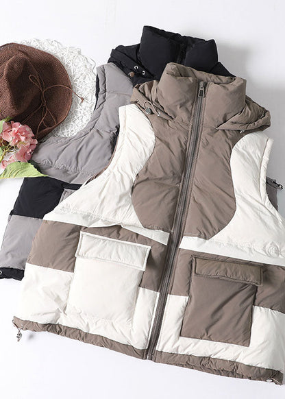DIY Beige ärmellose Patchwork-Weste mit Reißverschluss und Entendaunen