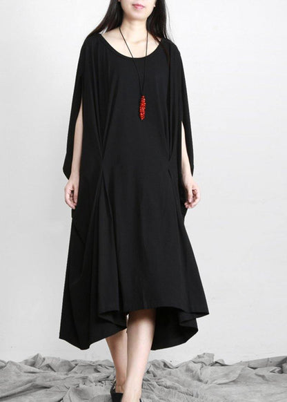 DIY Black Asymmetric Cotton Long Dress O Neck - SooLinen