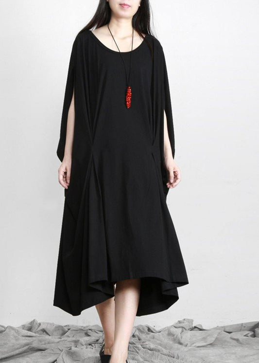DIY Black Asymmetric Cotton Long Dress O Neck - SooLinen