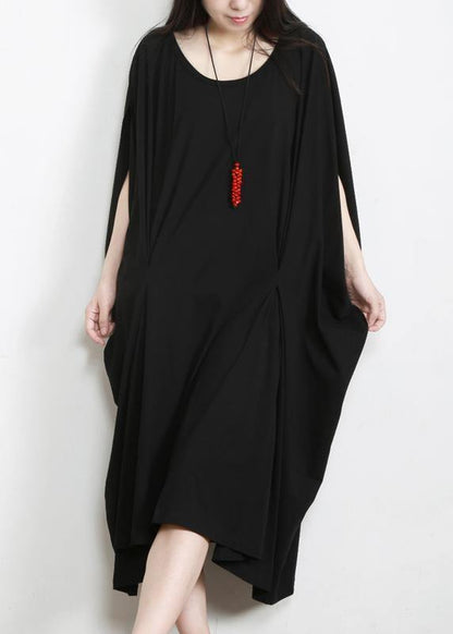 DIY Black Asymmetric Cotton Long Dress O Neck - SooLinen