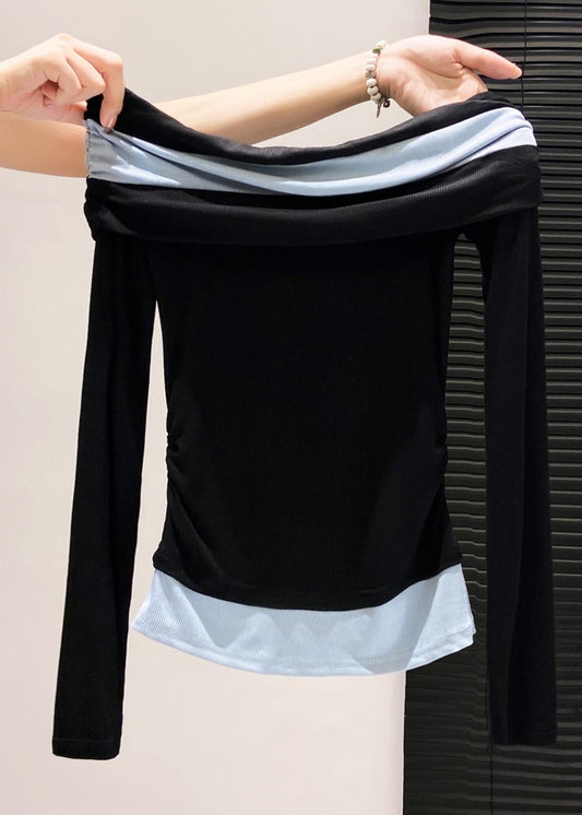 DIY Black Cold Shoulder Patchwork Cotton Shirt Top Fall