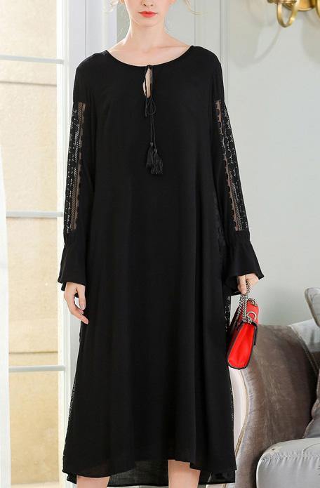 DIY Black Cotton Linen Patchwork Maxi Summer Dress - SooLinen