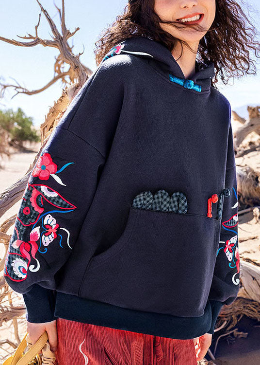 DIY Schwarz Bestickte Taschen Warme Fleece Pullover Streetwear Frühling