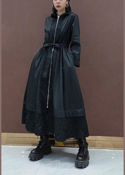 DIY Black Embroidery Plus Size Tunic Coats Inspiration Hooded Spring Coat - SooLinen