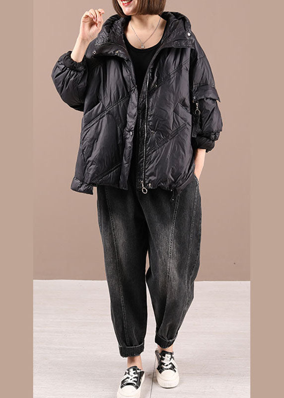 DIY Schwarze Kapuzentaschen Winter Entendaunenjacken Langarm