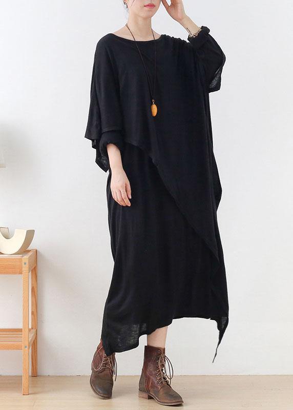DIY Black Loose Asymmetrical Design Fall Cotton Long Sleeve Dresses - SooLinen