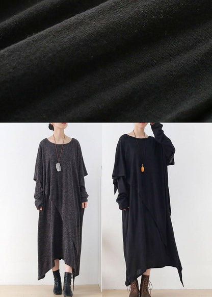 DIY Black Loose Asymmetrical Design Fall Cotton Long Sleeve Dresses - SooLinen