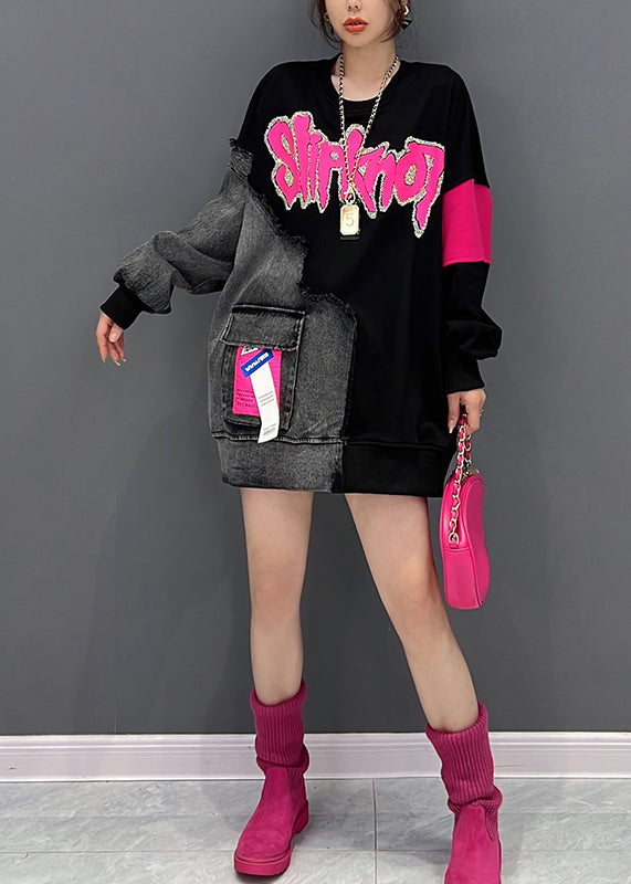 DIY Schwarz O-Neck Alphabet Print Denim Patchwork Sweatshirts Herbst