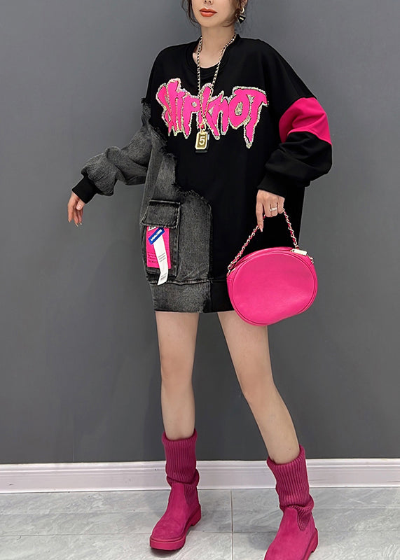 DIY Schwarz O-Neck Alphabet Print Denim Patchwork Sweatshirts Herbst