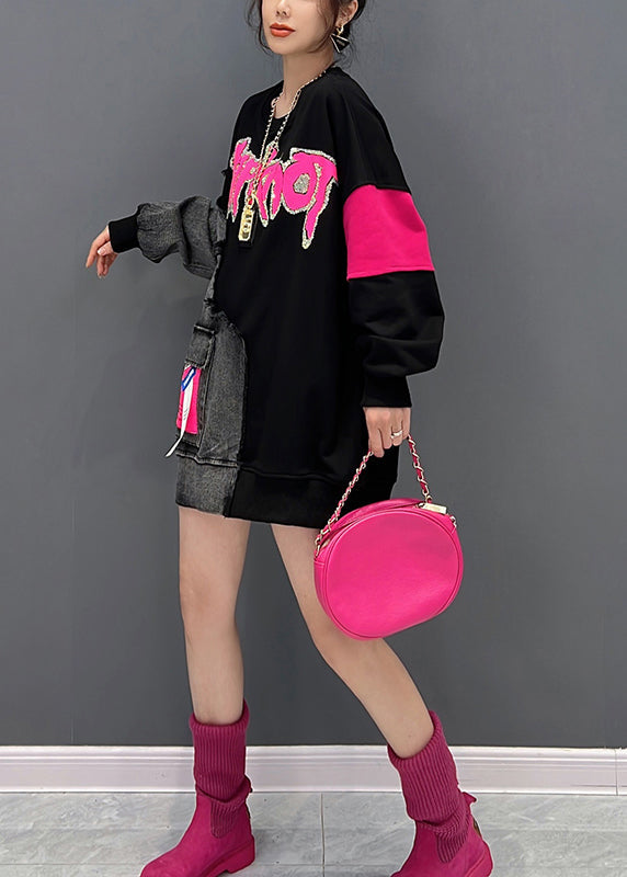 DIY Schwarz O-Neck Alphabet Print Denim Patchwork Sweatshirts Herbst
