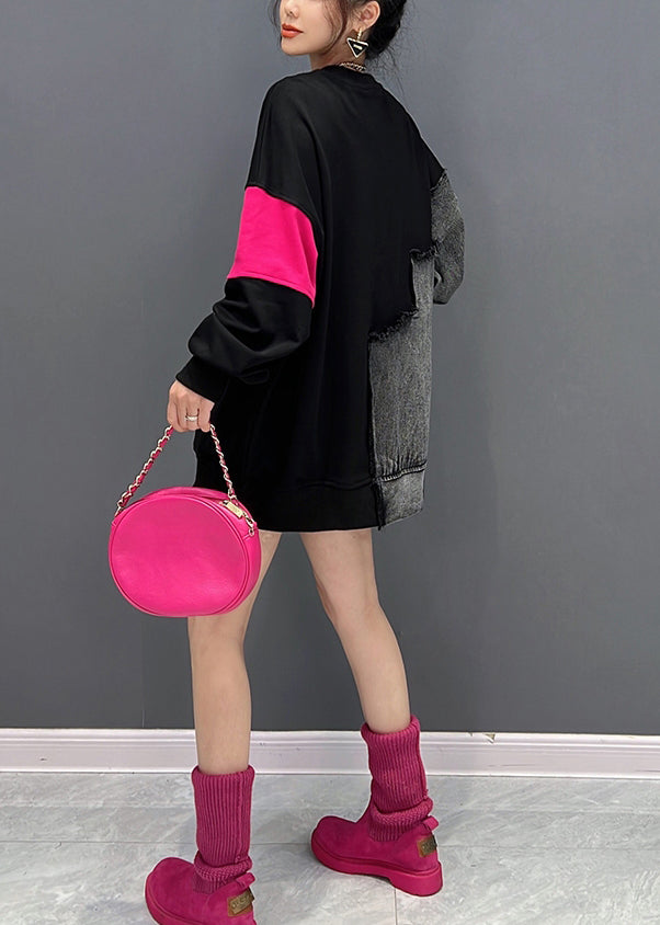 DIY Schwarz O-Neck Alphabet Print Denim Patchwork Sweatshirts Herbst