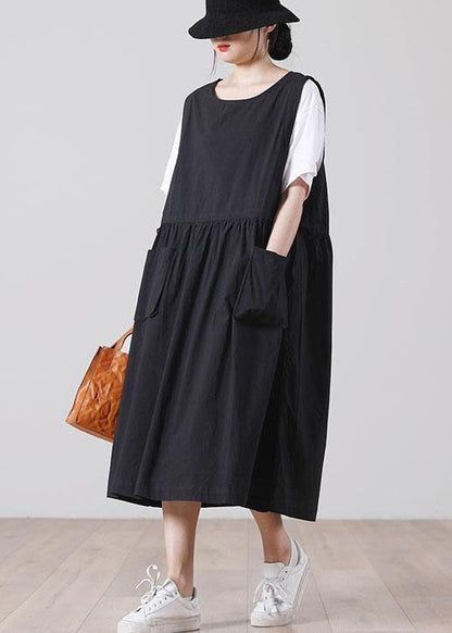 DIY Black O-Neck Cotton Summer Mid Dress - SooLinen