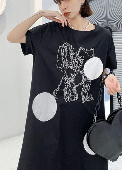 DIY Black O Neck Print Maxi Dress Short Sleeve - SooLinen