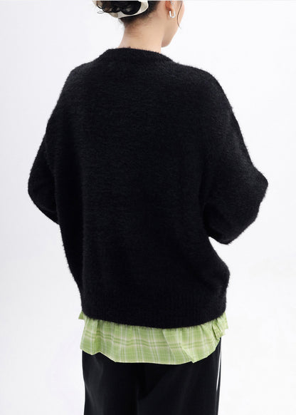 Schwarzer, übergroßer Strickpullover mit Apfelstickerei, Fake-Zweiteiler, Winter