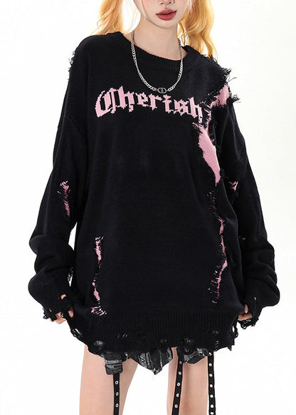 DIY Black Oversized Patchwork Ripped Sweater Winter
