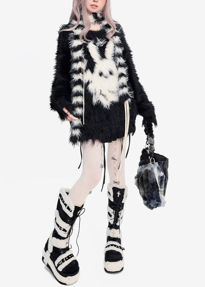 Selbstgemachte schwarze Oversize-Strickoberteile aus Kaninchen-Imitat-Nerzhaar für den Winter