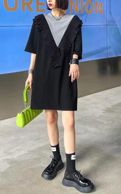 DIY Black Patchwork Grey Cotton Ruffled Summer Dress - SooLinen