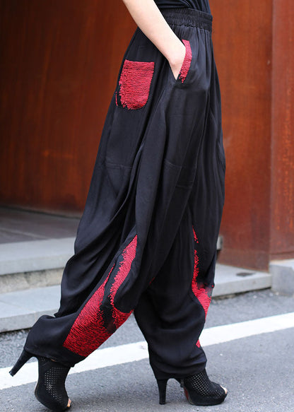 DIY Schwarz Patchwork Aushöhlen Casual Hosen Frühling