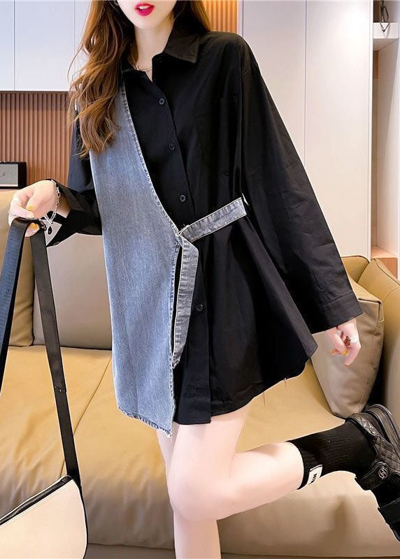 DIY Schwarz Peter Pan Kragen Denim Patchwork Baumwolle Gefälschte Zweiteiler Hemden Herbst