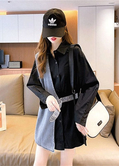 DIY Schwarz Peter Pan Kragen Denim Patchwork Baumwolle Gefälschte Zweiteiler Hemden Herbst