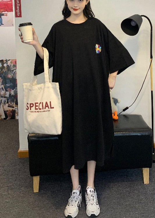 DIY Black Short Sleeve Cotton Sun flower Summer Dresses - SooLinen