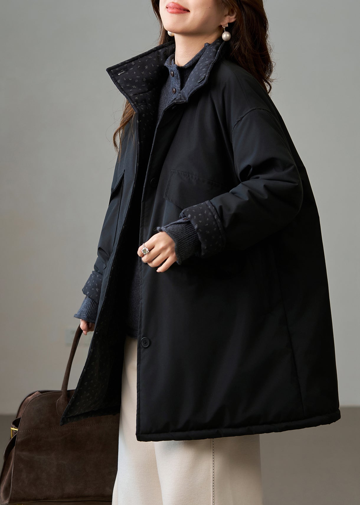 DIY Black Stand Collar Wear On Both Sides Fine Cotton Filled Winter Coats