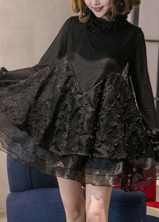 DIY Schwarzes Rollkragenkleid aus Organza mit Spitze für den Urlaub im Frühling