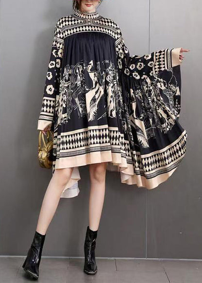 DIY Black Turtleneck Print Maxi Dresses Batwing Sleeve