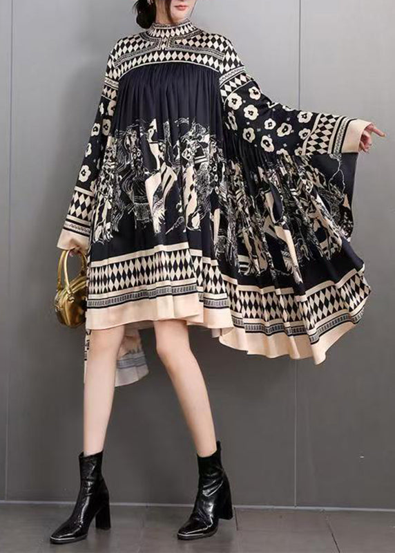 DIY Black Turtleneck Print Maxi Dresses Batwing Sleeve