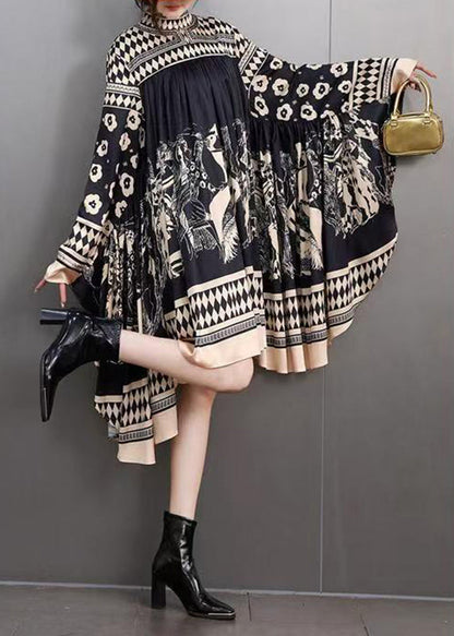 DIY Black Turtleneck Print Maxi Dresses Batwing Sleeve