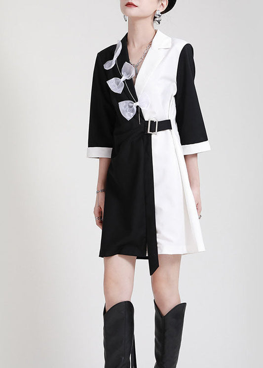 DIY Schwarz Weiß Patchwork Peter Pan Kragen Schleife Schärpen Herbst Kleid Halbe Hülse