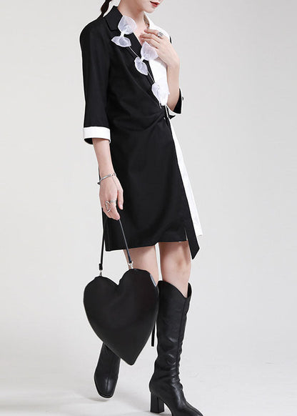 DIY Schwarz Weiß Patchwork Peter Pan Kragen Schleife Schärpen Herbst Kleid Halbe Hülse