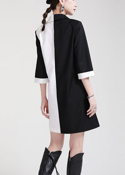 DIY Schwarz Weiß Patchwork Peter Pan Kragen Schleife Schärpen Herbst Kleid Halbe Hülse