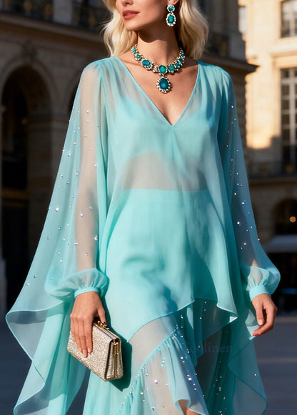 DIY Blue Asymmetrical Design Fine Rhinestone Chiffon Dresses Summer
