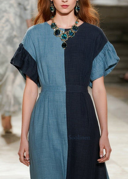 Vestido de verano de algodón con patchwork asimétrico azul hasta el tobillo DIY