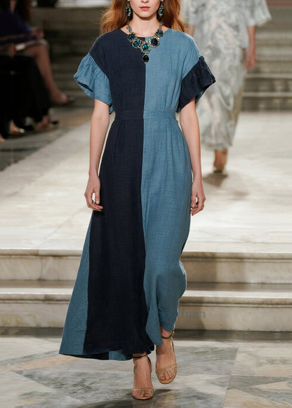 Vestido de verano de algodón con patchwork asimétrico azul hasta el tobillo DIY