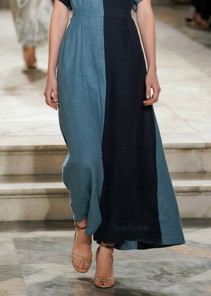 Vestido de verano de algodón con patchwork asimétrico azul hasta el tobillo DIY