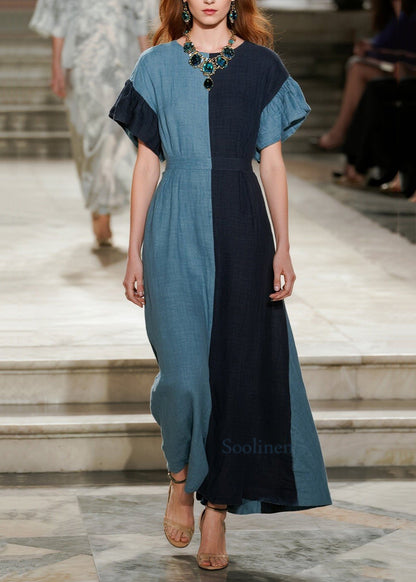 Vestido de verano de algodón con patchwork asimétrico azul hasta el tobillo DIY