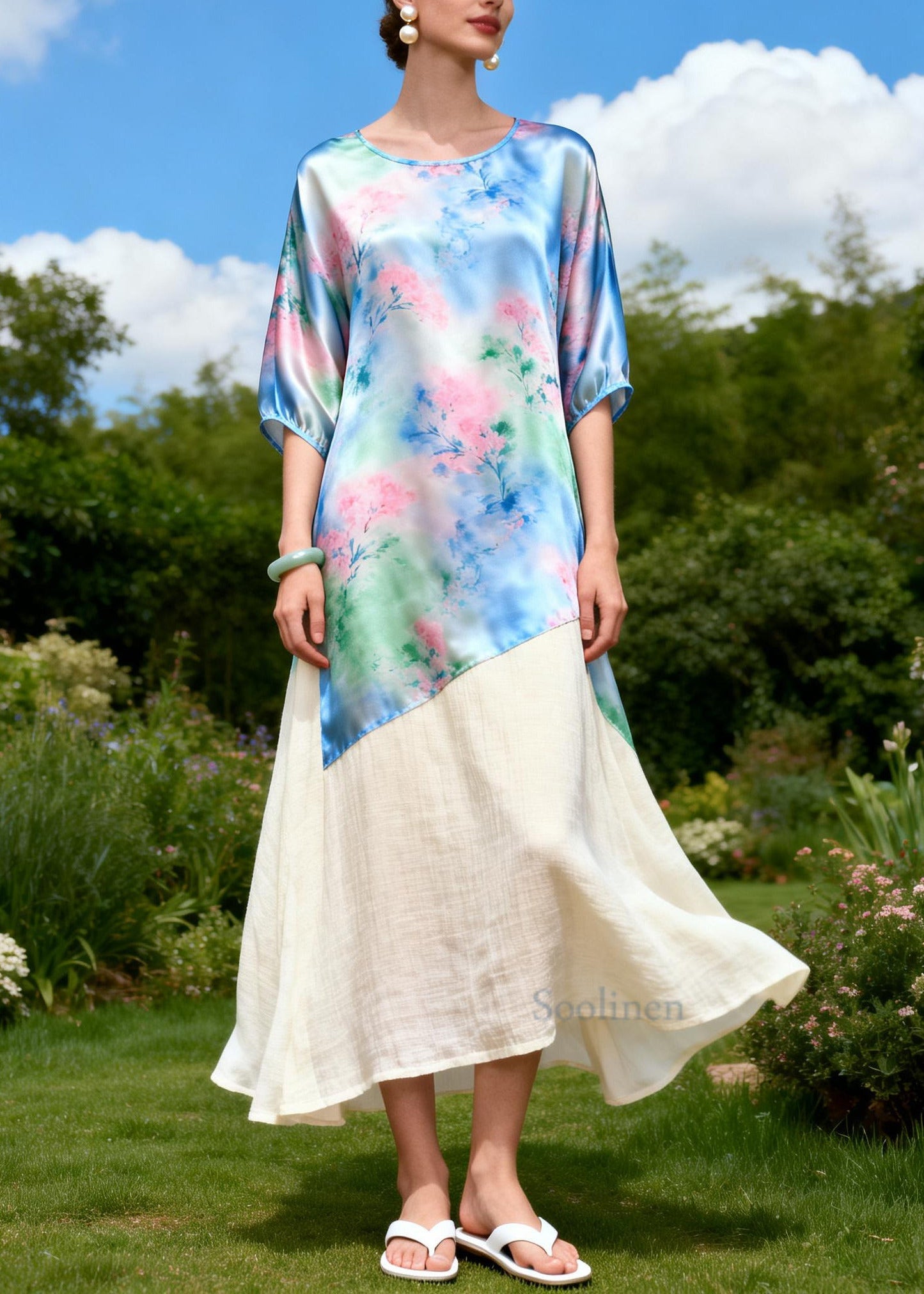 DIY Blue Asymmetrical Patchwork Linen Silk Dress Summer