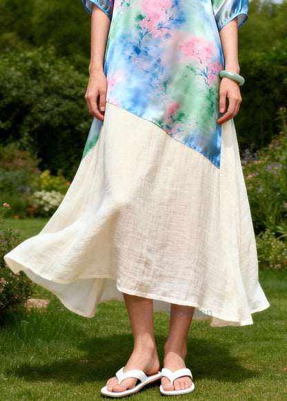 DIY Blue Asymmetrical Patchwork Linen Silk Dress Summer