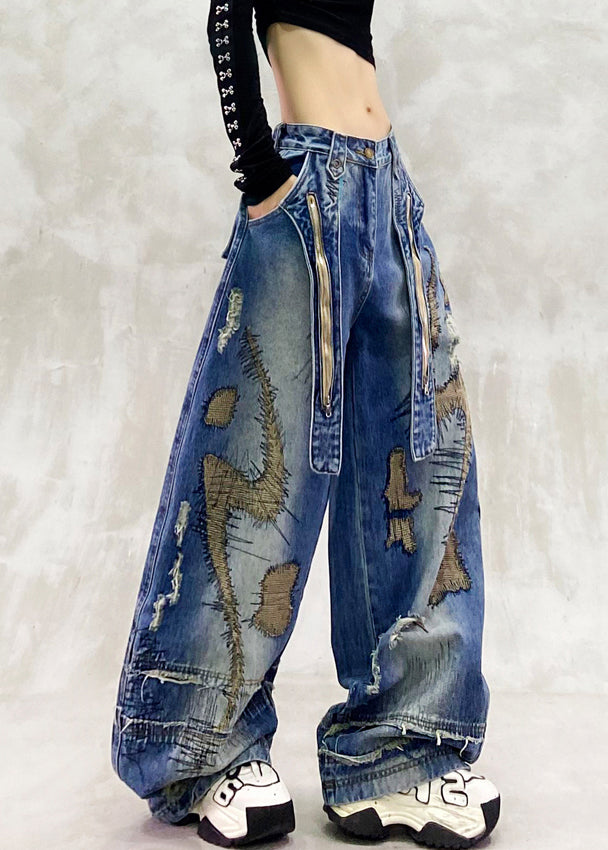 DIY Blaue bestickte Jeans mit Reißverschluss und weitem Bein, Frühling