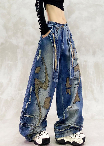DIY Blaue bestickte Jeans mit Reißverschluss und weitem Bein, Frühling