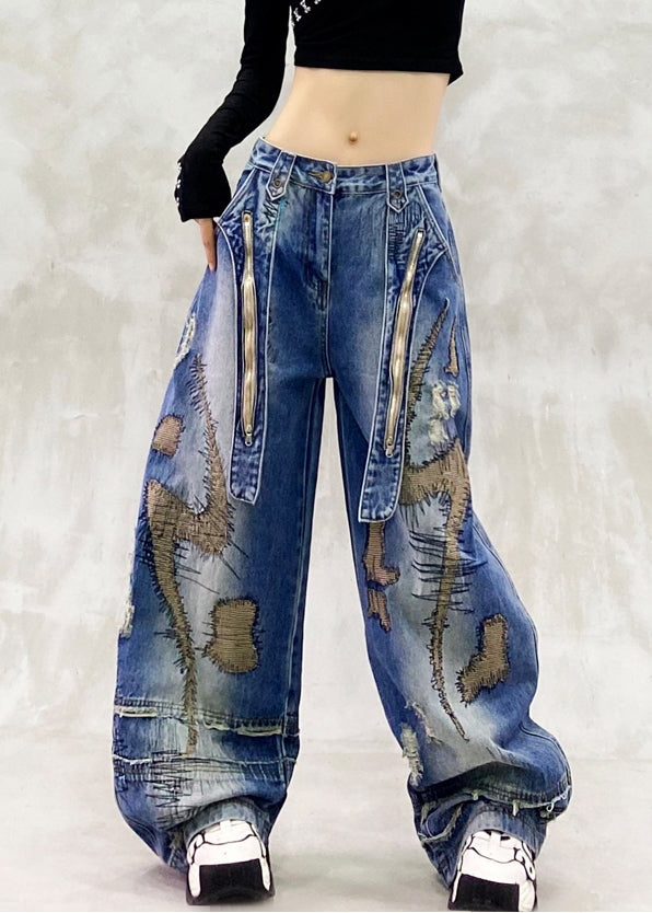 DIY Blaue bestickte Jeans mit Reißverschluss und weitem Bein, Frühling