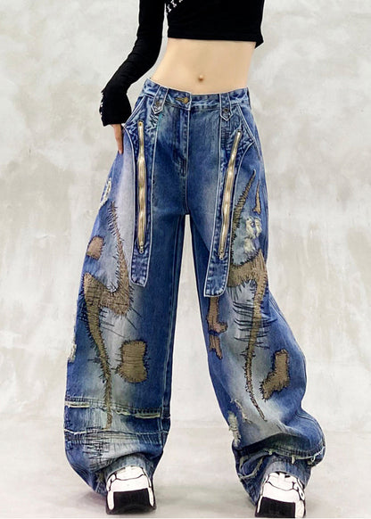 DIY Blaue bestickte Jeans mit Reißverschluss und weitem Bein, Frühling