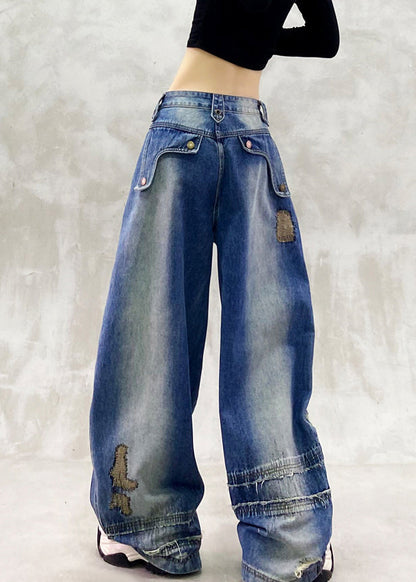 DIY Blaue bestickte Jeans mit Reißverschluss und weitem Bein, Frühling