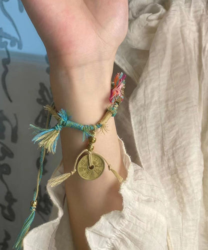 Pulsera con dijes de dinero en cobre de gatito azul tejida a mano DIY
